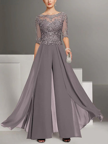 Round Neck Lace Solid Color Jumpsuit