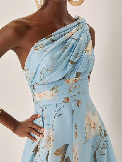 Light Blue Chiffon One Shoulder Sleeveless A-Line Maxi Dress