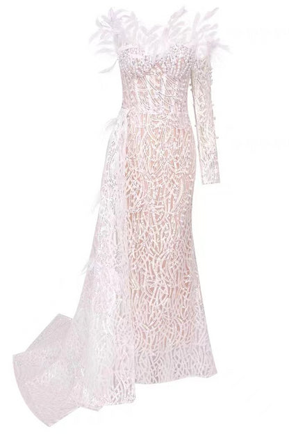 loveedsTM-White Super Heavy Ostrich Feather Dress-vx