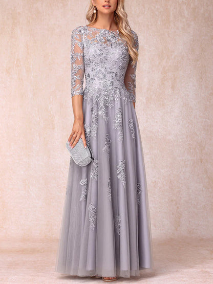 A-Line/Princess Sheer Neck Half Sleeves Long Formal Evening Dresses with Beading & Appliques