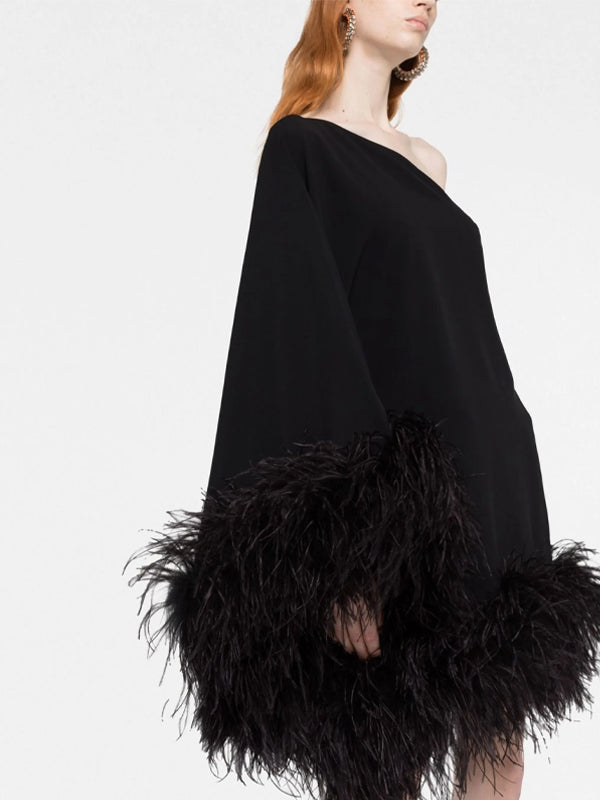 One Shoulder Solid Color Feather Mini Dress