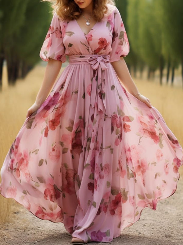 Elegant Blood Sail Floral Lace-up Ladies Dress