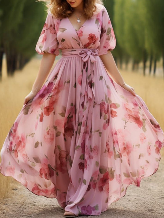 Elegant Blood Sail Floral Lace-up Ladies Dress