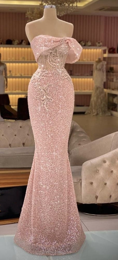 Pink Glitter Exquisite Beading Elegant Long Sequin Mermaid Slim Fit Ball Gown Evening Gown Party Dressgh3254