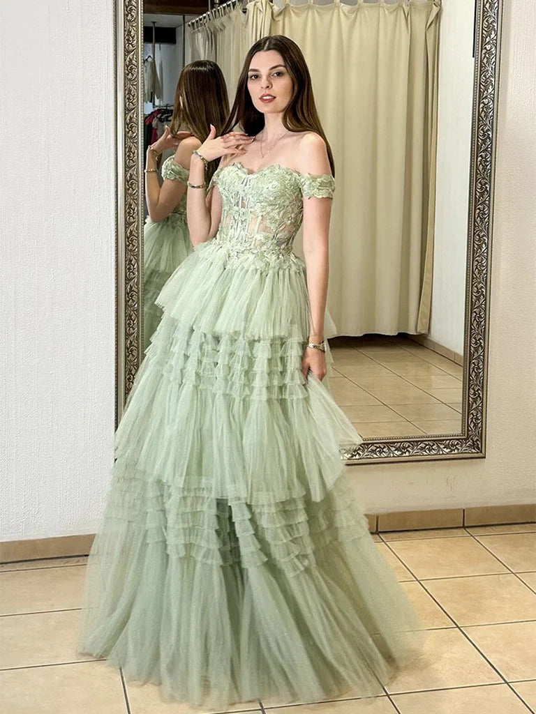 Green A-Line Sweetheart Neck Off Shoulder Tulle Lace  Long Prom Dress,Formal Evening Dress ED01279
