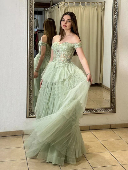 Green A-Line Sweetheart Neck Off Shoulder Tulle Lace  Long Prom Dress,Formal Evening Dress ED01279