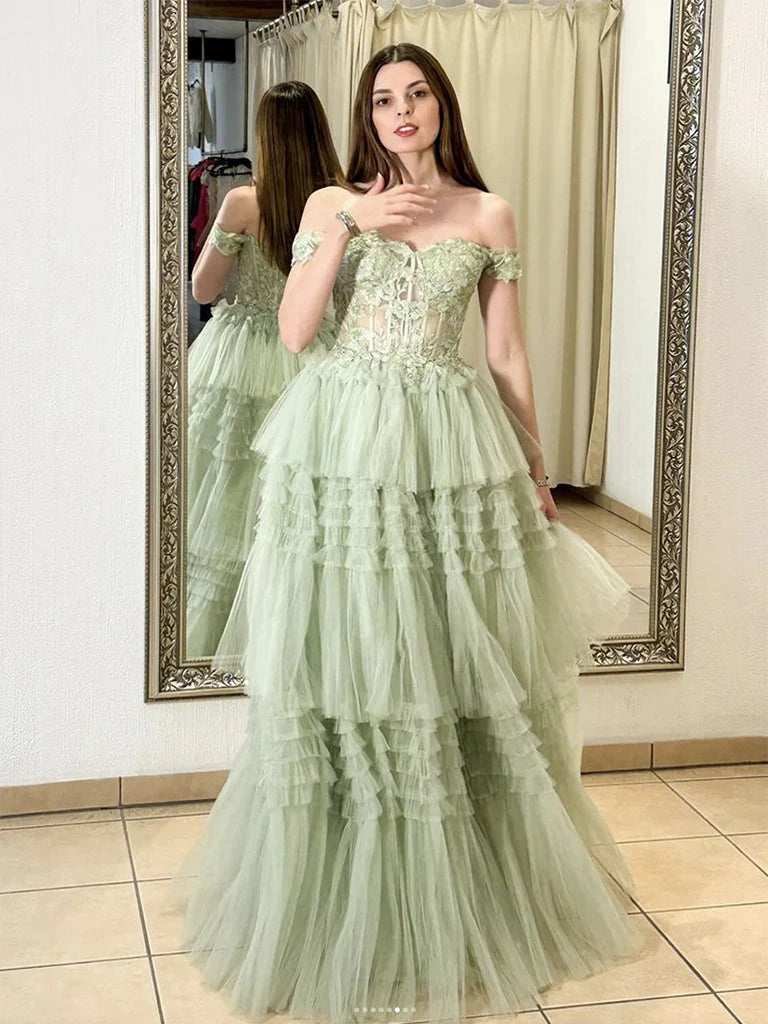 Green A-Line Sweetheart Neck Off Shoulder Tulle Lace  Long Prom Dress,Formal Evening Dress ED01279