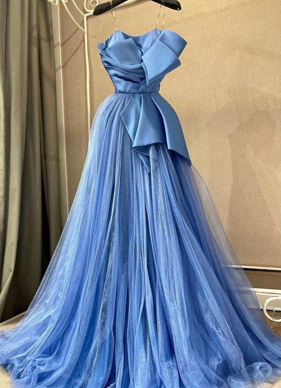 Blue A-line Spaghetti Straps Satin Tulle Long Prom Dress, Blue Eevening Dress ED01334