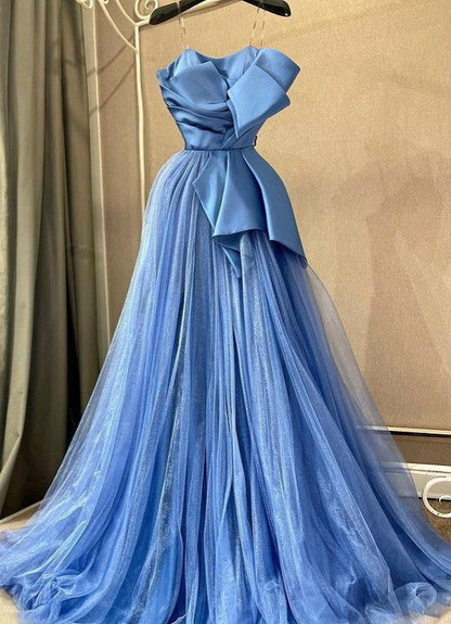 Blue A-line Spaghetti Straps Satin Tulle Long Prom Dress, Blue Eevening Dress ED01334