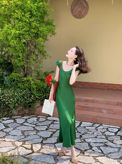 French exquisite waist satin slim fishtail temperament long skirt  ED0133