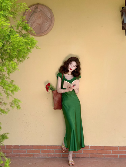 French exquisite waist satin slim fishtail temperament long skirt  ED0133