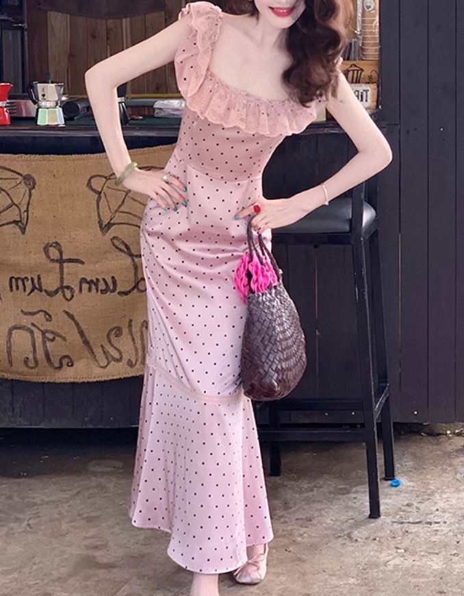 French Satin Square Neck Ruffle Sleeveless Dress ED0308