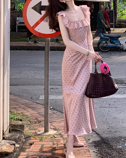 French Satin Square Neck Ruffle Sleeveless Dress ED0308