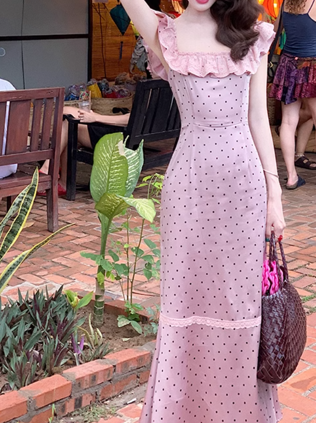 French Satin Square Neck Ruffle Sleeveless Dress ED0308