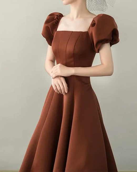 A-Line Puff Sleeves Satin Long Prom Dress, Long Evening Dresses ED0711