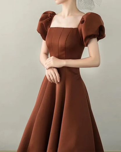 A-Line Puff Sleeves Satin Long Prom Dress, Long Evening Dresses ED0711