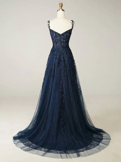 A-Line Elegant Sweetheart Neck Tulle Lace Dark Blue Long Prom Dress, Dark Blue Long Evening Dress   ED080