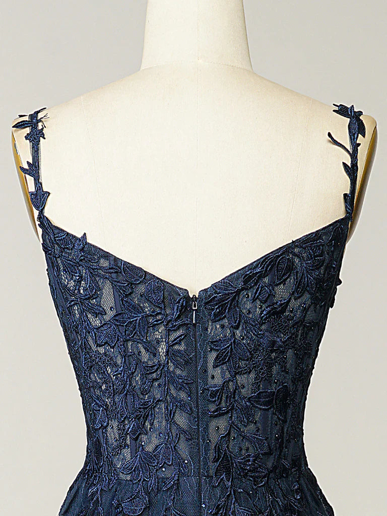 A-Line Elegant Sweetheart Neck Tulle Lace Dark Blue Long Prom Dress, Dark Blue Long Evening Dress   ED080