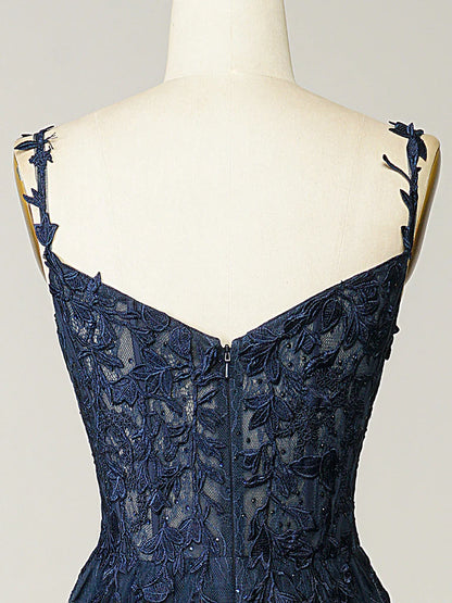 A-Line Elegant Sweetheart Neck Tulle Lace Dark Blue Long Prom Dress, Dark Blue Long Evening Dress   ED080