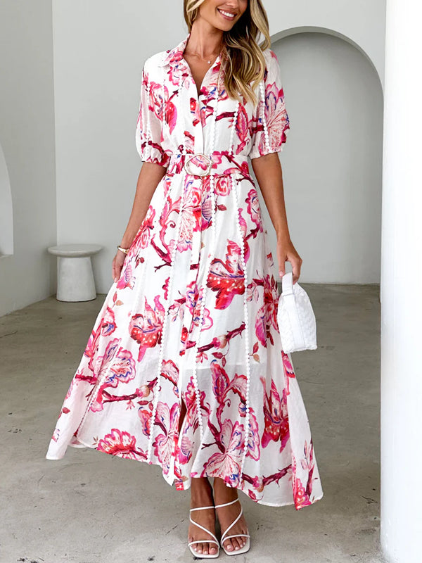 Chiffon Printed Temperament Lace-up Women's Dress