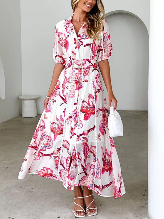 Chiffon Printed Temperament Lace-up Women's Dress