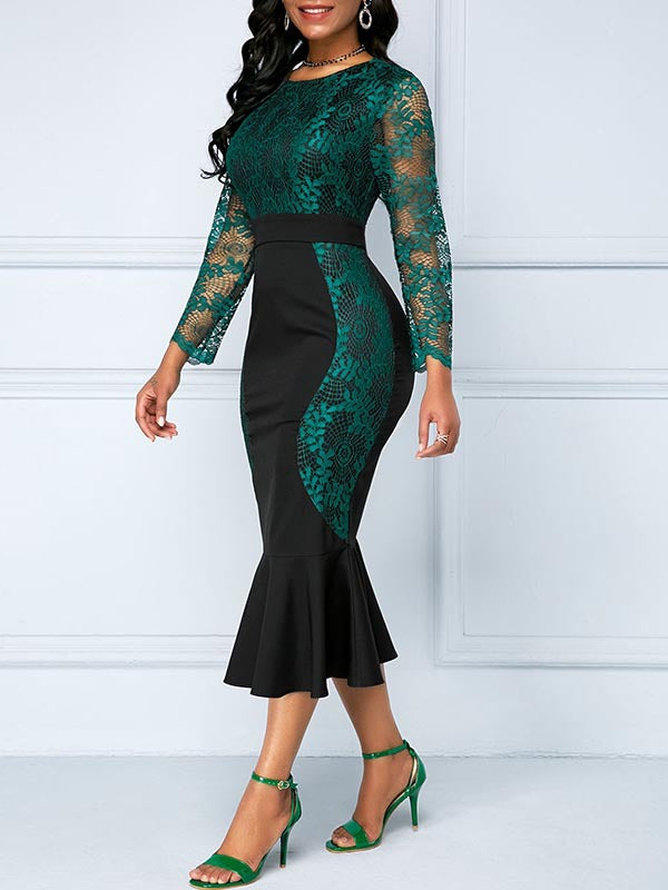Round Neck High Waist Lace Stitching Package Hip Fishtail Dress