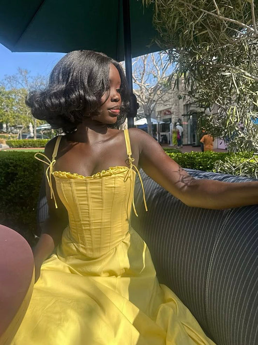 Yellow A Line Spaghetti Strap Corset Satin Long Prom Dress Evening Dress SH2393