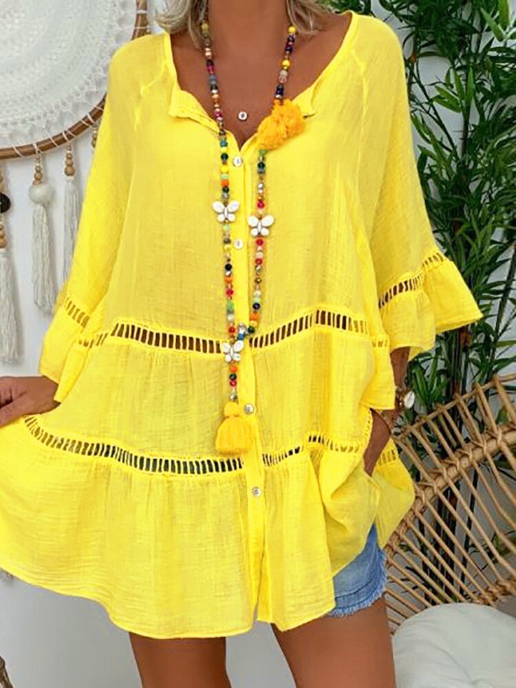 loveedsTM- Women Hollow Out Cotton Linen Mini Top Dress 2024 Summer V Neck Flared Sleeve Loose Irregular Dress Woman Casual Beach Dresses