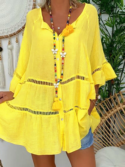 loveedsTM- Women Hollow Out Cotton Linen Mini Top Dress 2024 Summer V Neck Flared Sleeve Loose Irregular Dress Woman Casual Beach Dresses