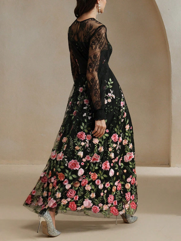 Floral Embroidered Lace Transparent Lantern Sleeves Dress