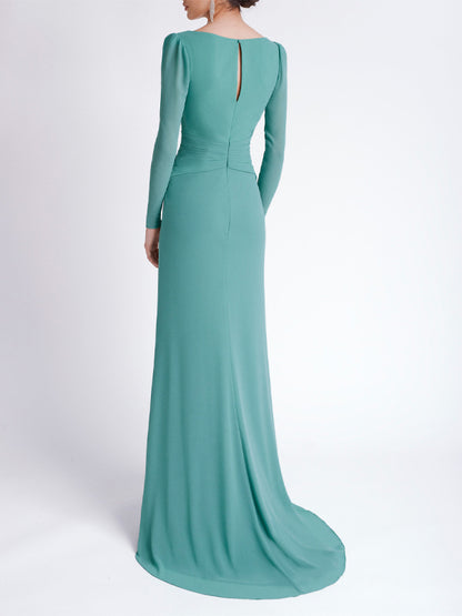 V Neck Solid Color Long Sleeve Maxi Dress