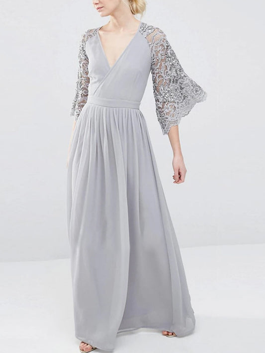 V-neck Solid Color Lace Maxi Dress