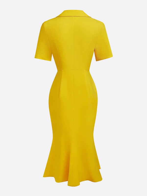 Elegant Plain Short Sleeve Buttoned Shawl Collar Midi Dress