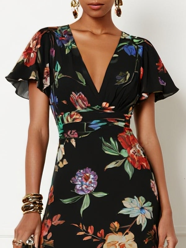 Floral Chiffon V Neck Short Sleeve Bell Sleeve A-Line Midi Dress