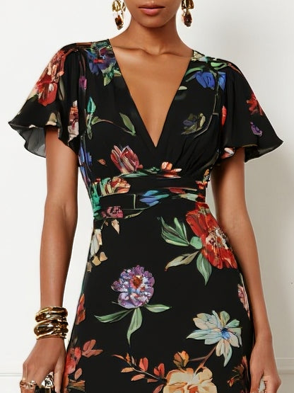 Floral Chiffon V Neck Short Sleeve Bell Sleeve A-Line Midi Dress