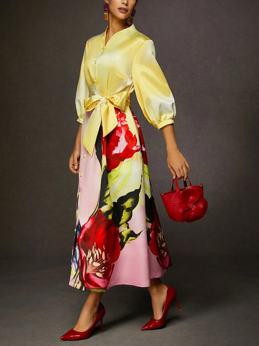 Yellow Satin Floral Pocket Midi Dress