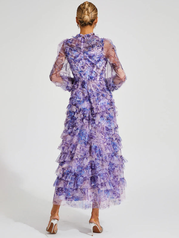 Round Neck Long Sleeves Printed Midi Dress