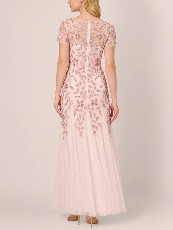 Handmade Beaded Short Sleeve Floral Guided Silk Gowns