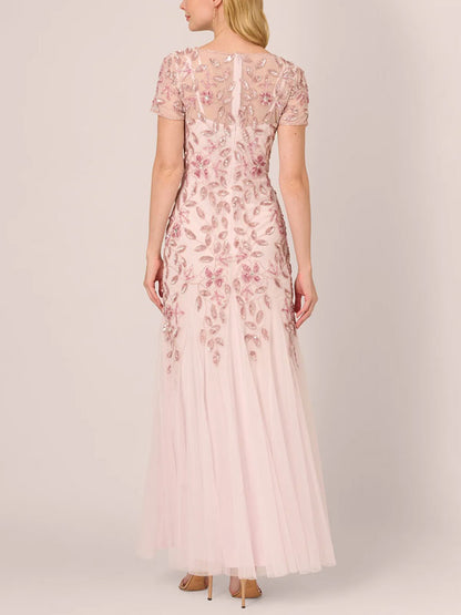 Handmade Beaded Short Sleeve Floral Guided Silk Gowns