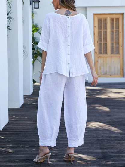 Round Neck Casual Cotton and Linen Women's Suit