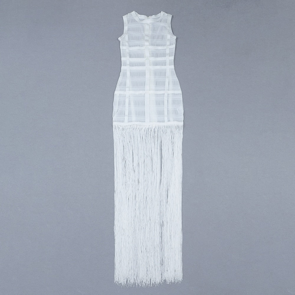 loveedsTM-Hollow Fringe White Sleeveless One-piece Dress Summer Party Gathering Dresses