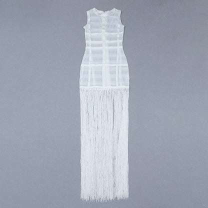 loveedsTM-Hollow Fringe White Sleeveless One-piece Dress Summer Party Gathering Dresses