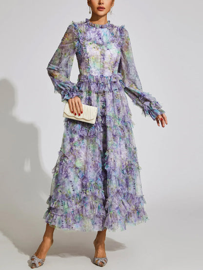 Mesh Printed Long Sleeves Maxi Dress