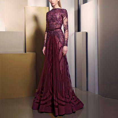 Round Neck Lace Sequin Long Sleeve Maxi Dress