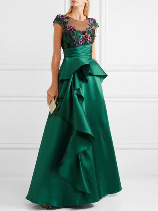 Round Neck Mesh Solid Color Maxi Dress