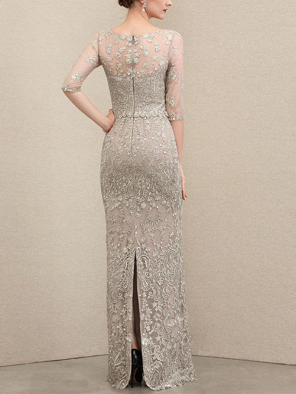 Round Neck Solid Color Lace Short Sleeves Maxi Dress