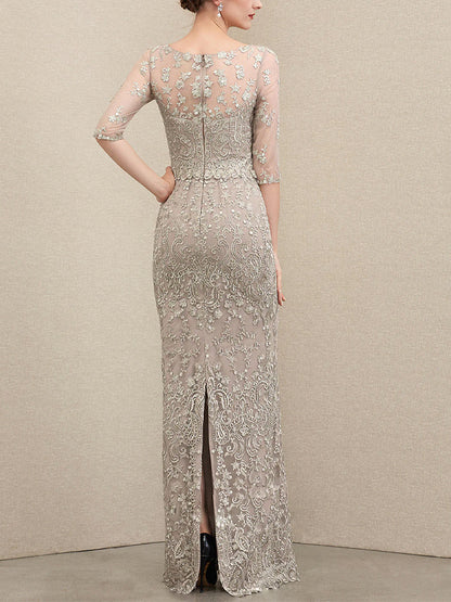 Round Neck Solid Color Lace Short Sleeves Maxi Dress