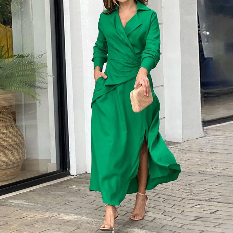 loveedsTM- Women Maxi Dress Fashion Elegant Long Sleeve Lapel V Neck Pleated Solid Single Slit With Pockets Beach Party Dresses