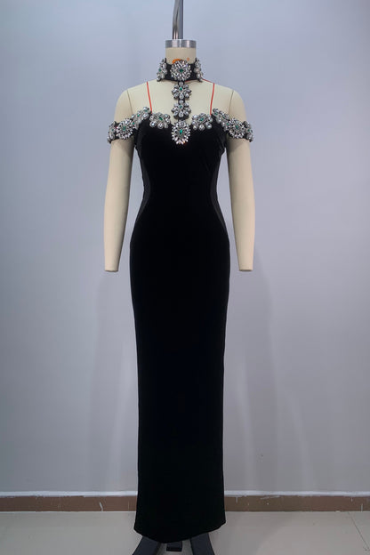 loveedsTM-Black jewel hip-hugging halter neck dress-vx