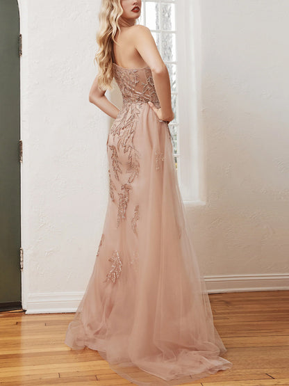 Off-Shoulder Lace Mesh Maxi Dress